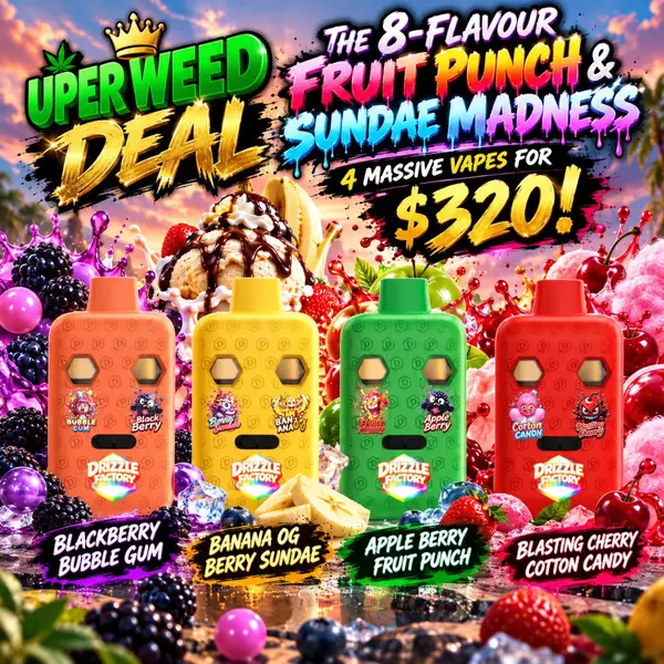 The 8-Flavour Fruit Punch & Sundae Madness: 4 Massive Vapes for $320 (Puff & Play)
